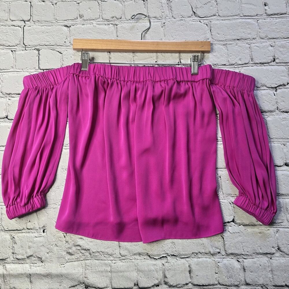Milly Womens Silk Fuchsia Pink‎ Banded Collar Off Shoulder Blouse Size Petite